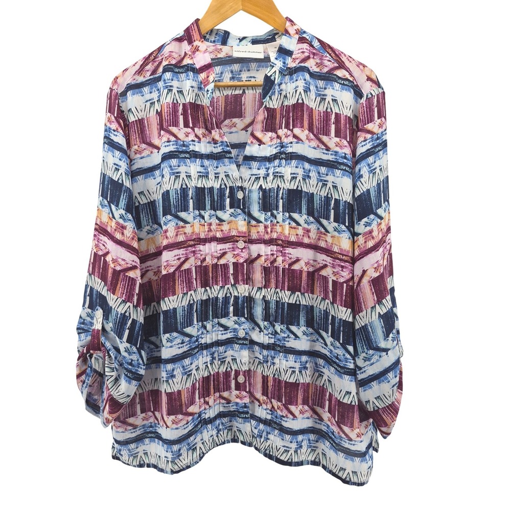 Alfred Dunner Geometric Print Button Up Blouse‎ Plus Size 20 Resort Sheer Beachy